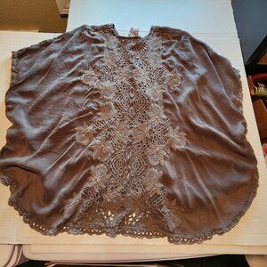 Johnny Was Embroidered Eyelet Oversized Top Cupra Rayon Tie neck Pullover Brown